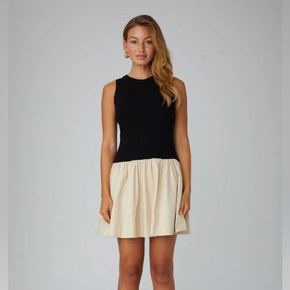 Drop hem ruffle mini dress camille ribbed poplin waist block bubble sleeveless - Picture 1 of 8